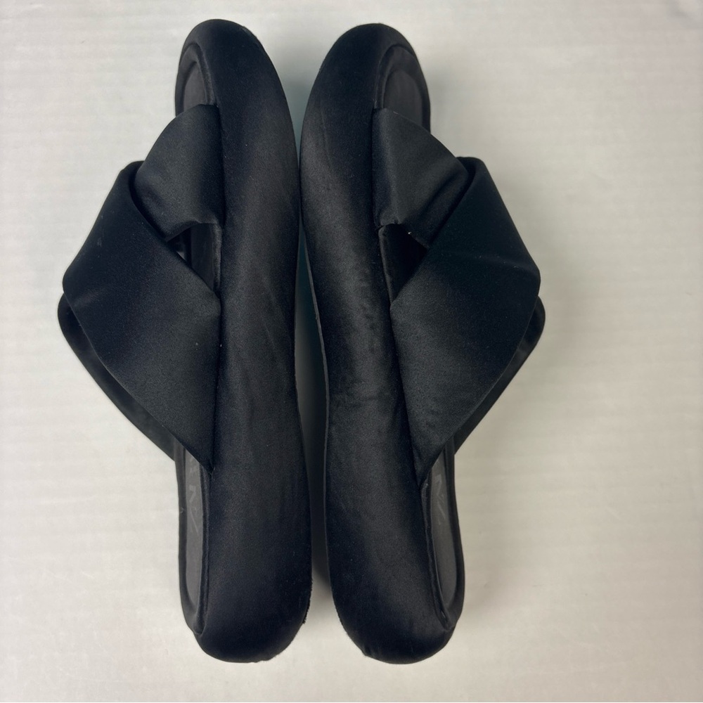 Zara Women Size 37 Slides Sandals Flat Fabric Black Satin Wide Crossed Strap - Picture 4 of 8